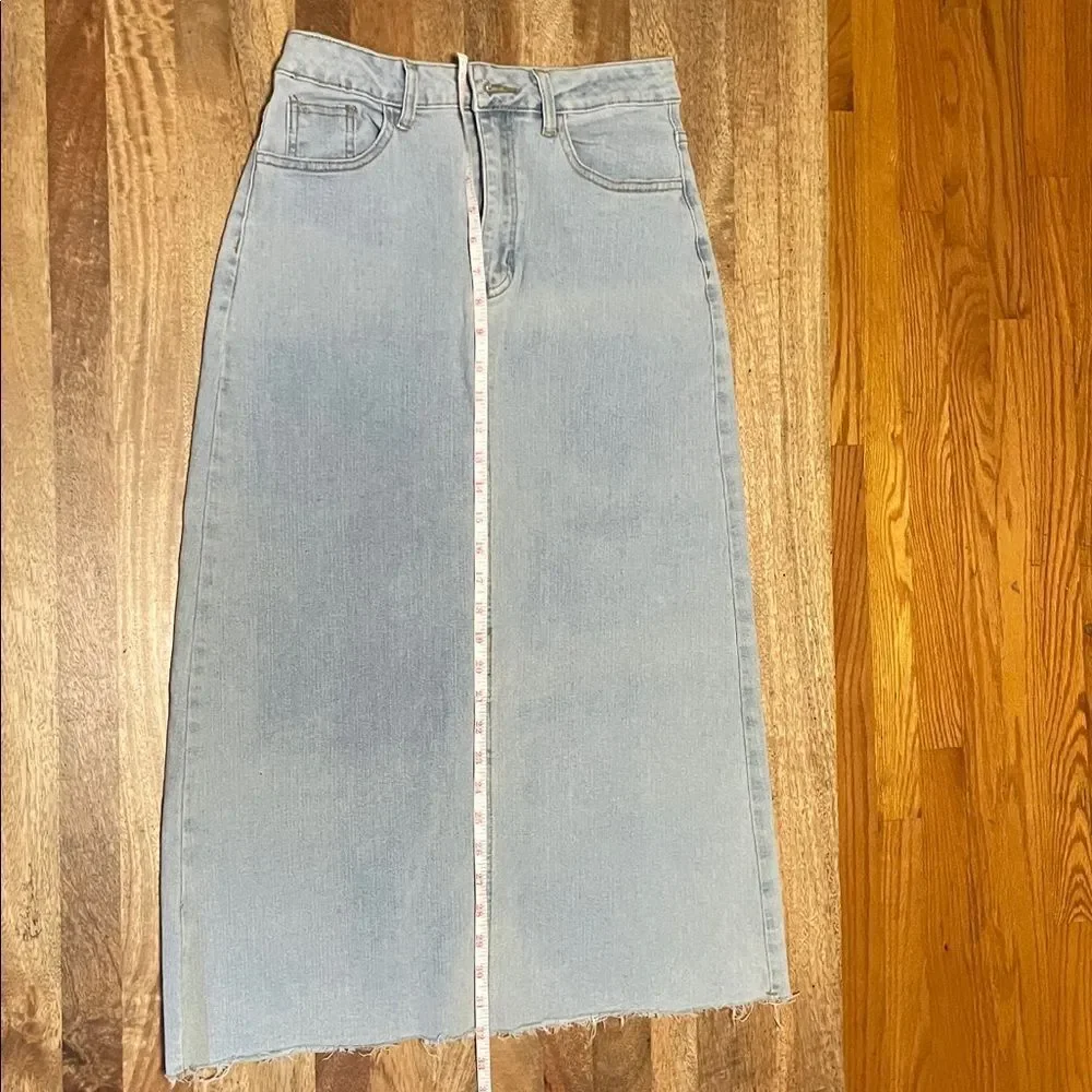 Light Blue Stretch Denim Midi Skirt
